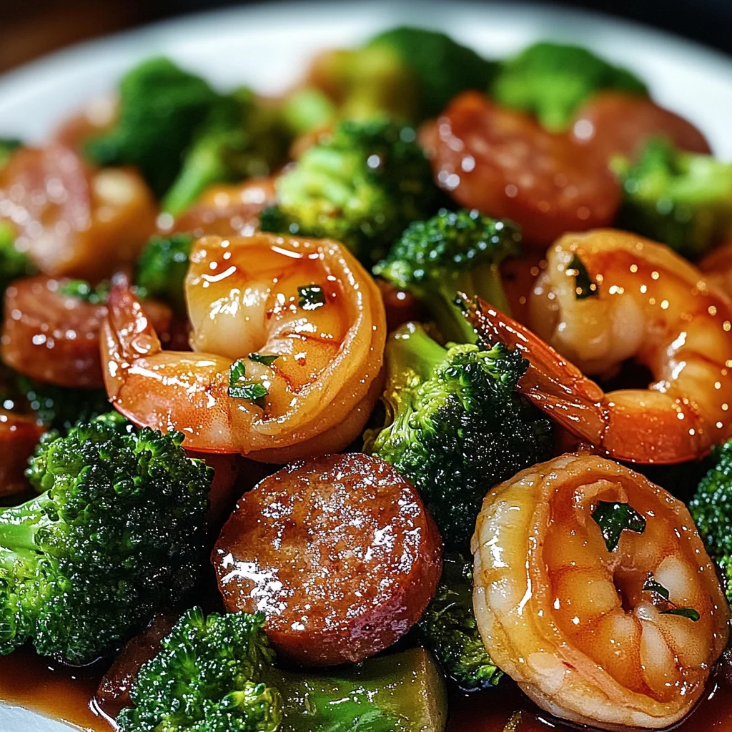 Honey garlic shrimps, sausage and broccoli